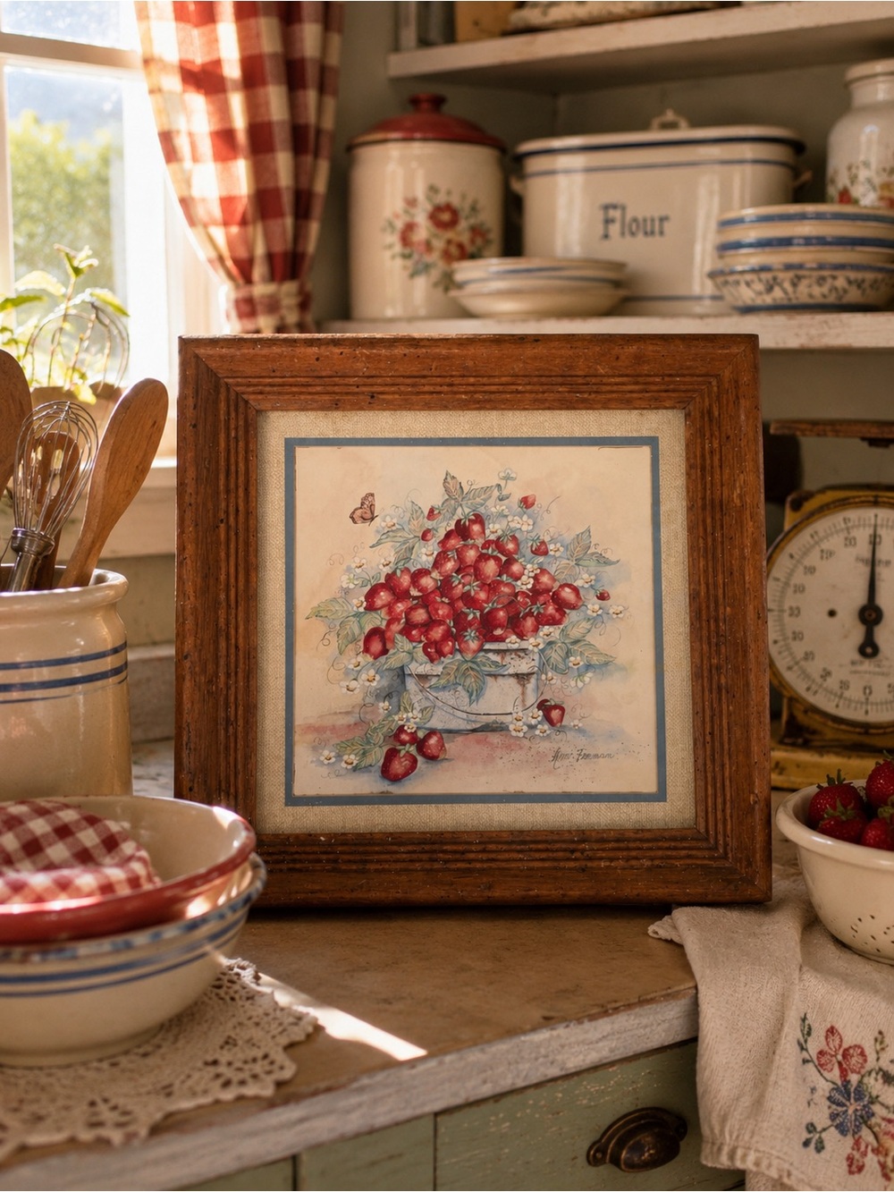 Framed Botanical Print with Red Berry Bouquet and Blue Matting